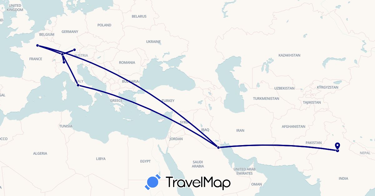 TravelMap itinerary: driving in Switzerland, Germany, France, India, Italy, Kuwait (Asia, Europe)